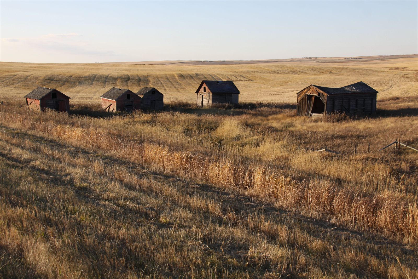 Old farm buildings on the open prairie