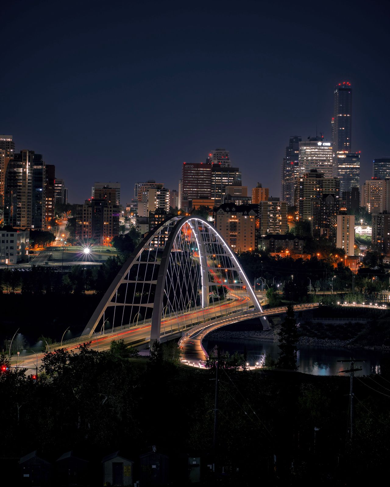 Edmonton's Walterdale Bridge and downtown after dark